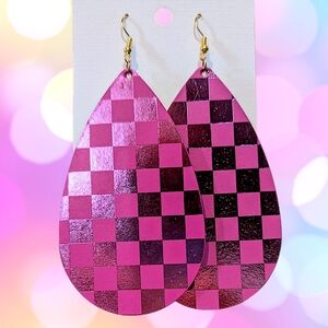 Vibrant Pink Checkered Teardrop Earrings